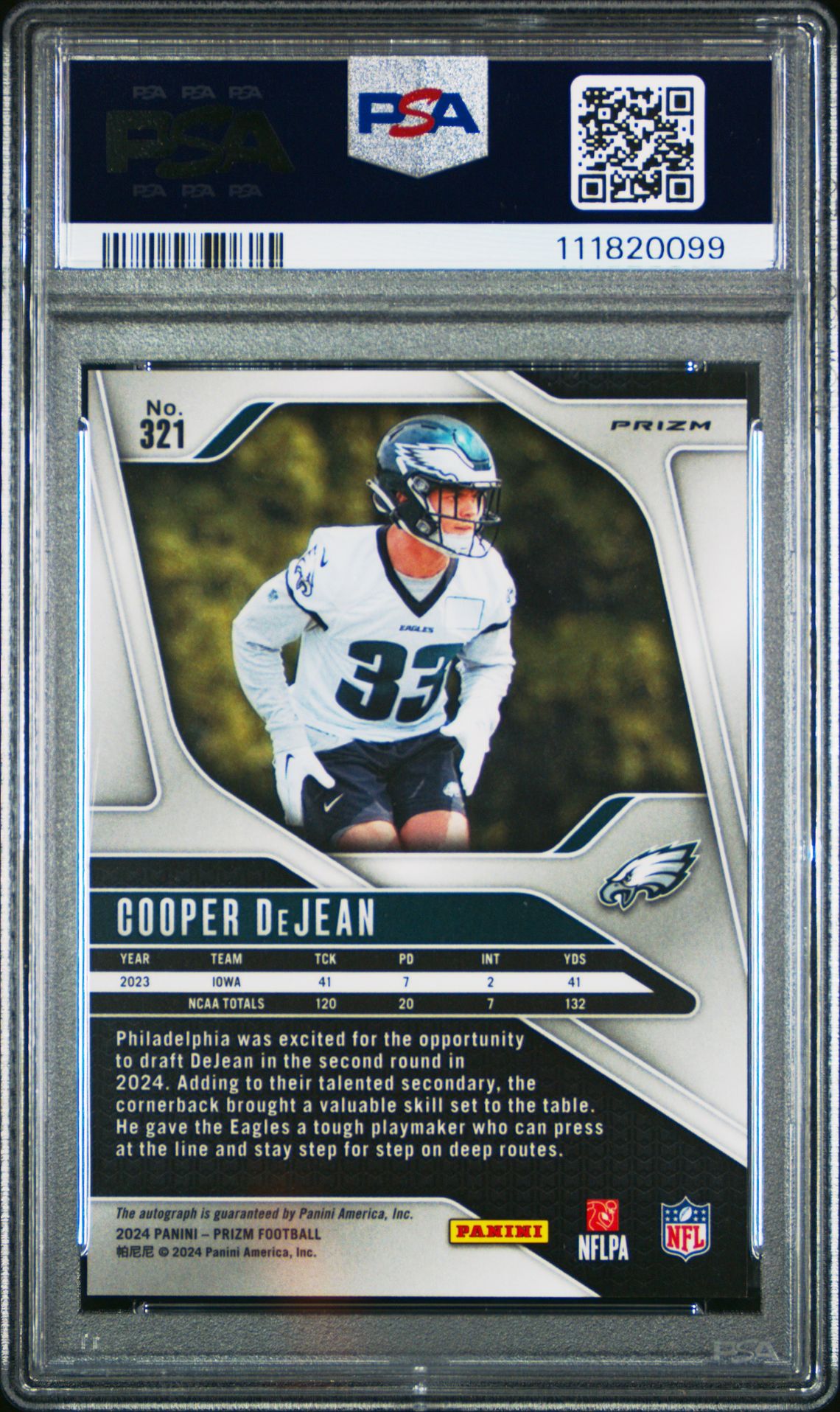 2024 Panini Prizm Cooper Dejean #321 (Autograph-No Huddle) Gem Mt 10 back