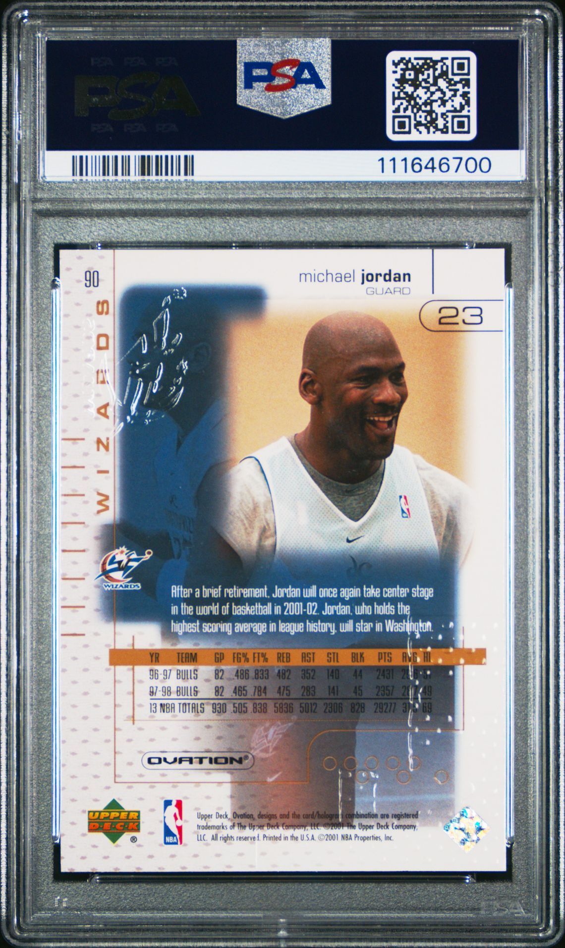 2001 Upper Deck Ovation Michael Jordan #90 Gem Mt 10 back view - PSA certificate #111646700