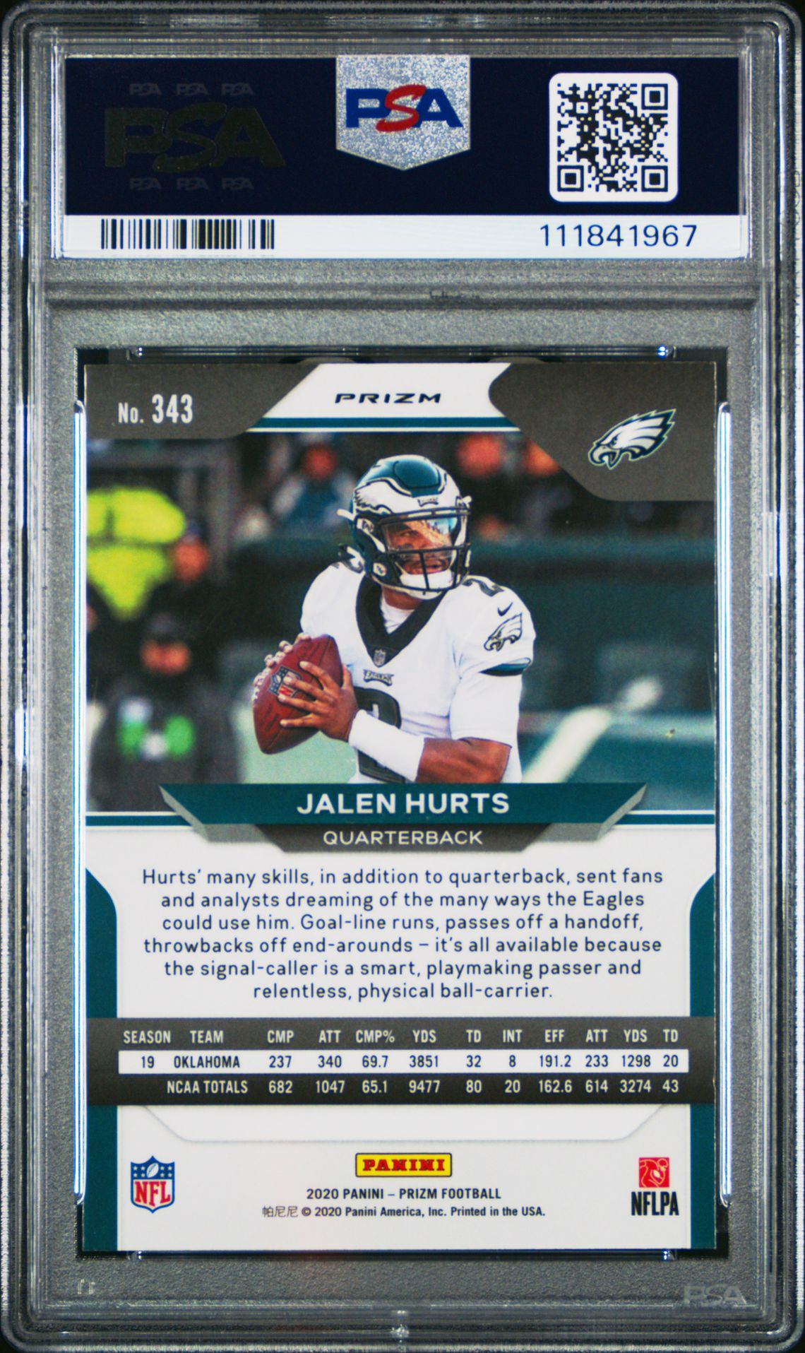 2020 Panini Prizm Jalen Hurts #343 (Silver Prizm) Gem Mt 10 back