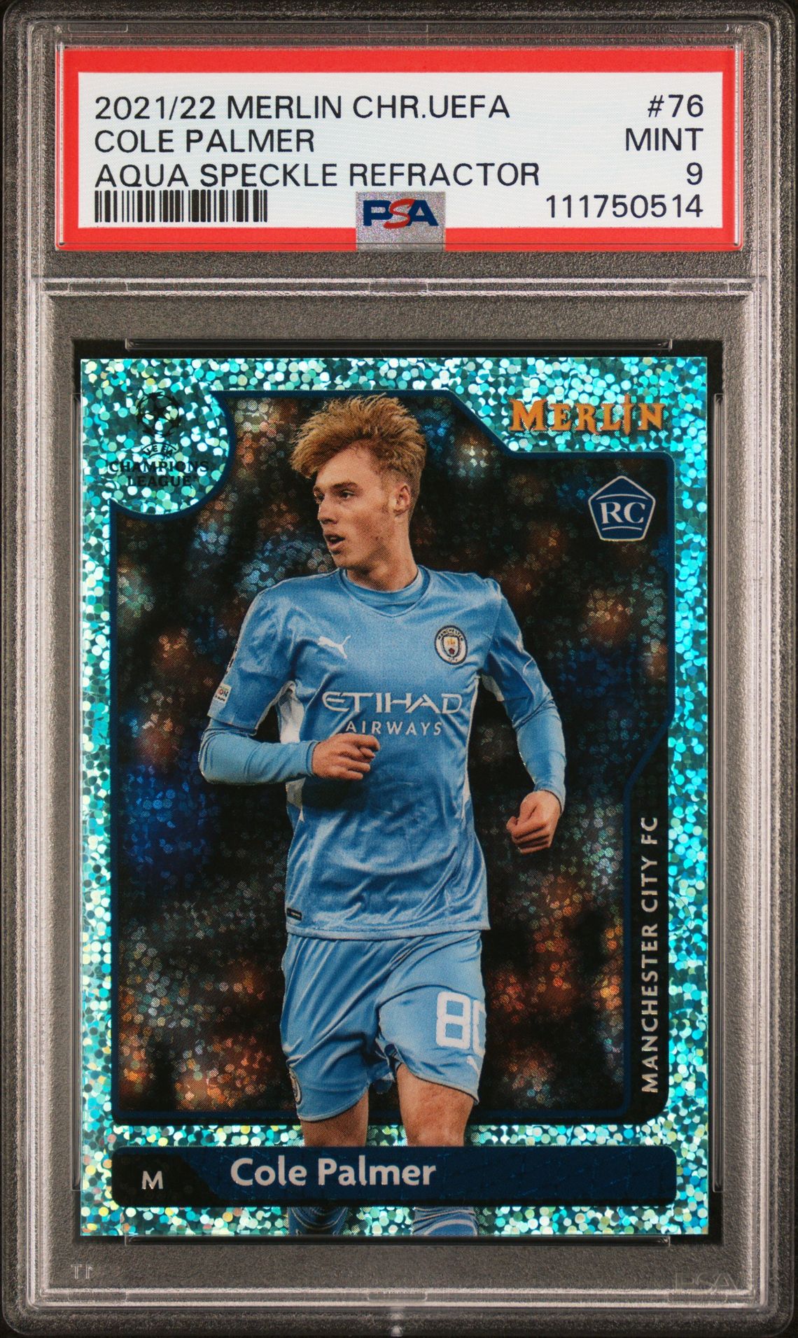 2021-2022 Topps TOPPS MERLIN CHROME UEFA LEAGUE AQUA SPECKLE REFRACTOR #76 Cole Palmer front