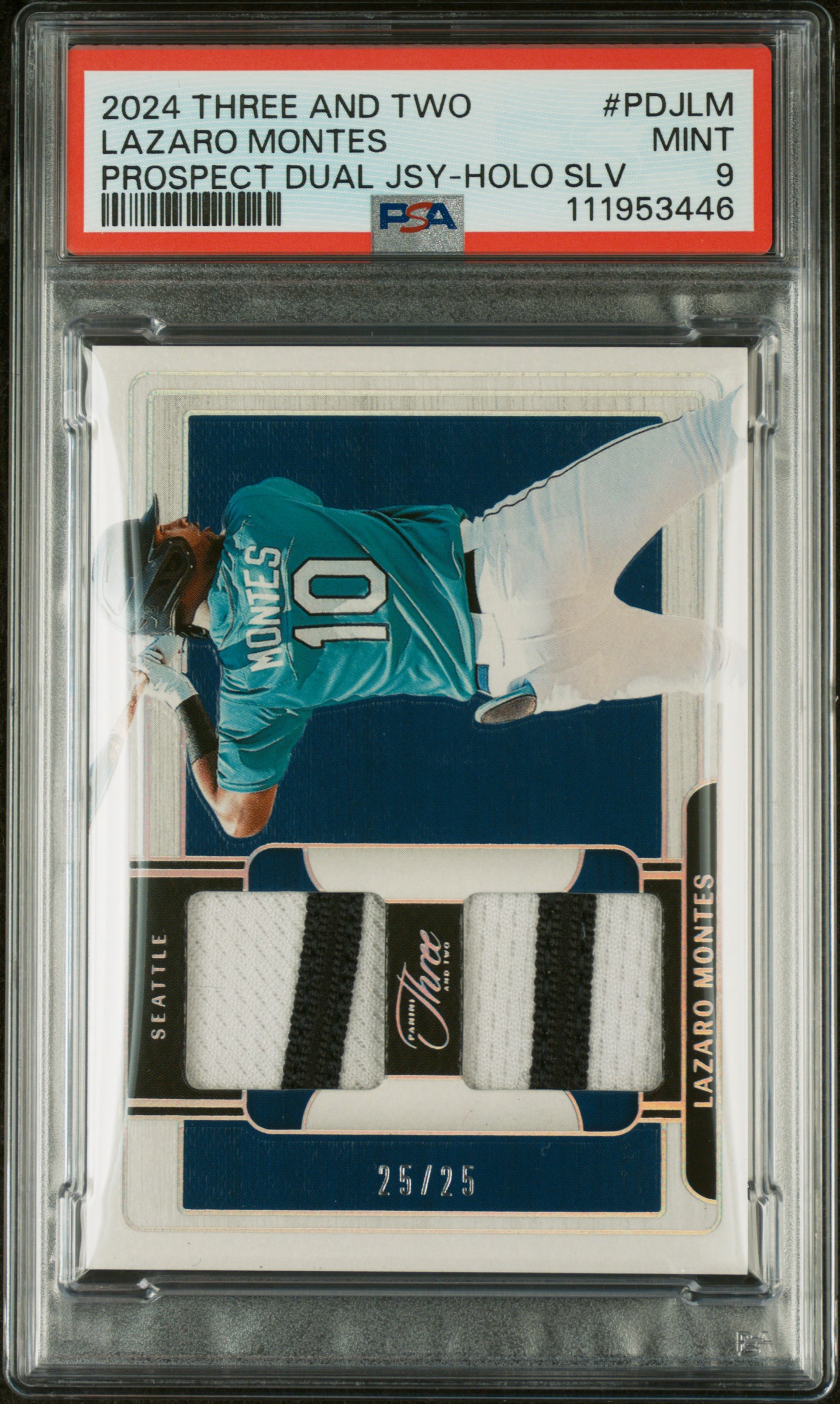 2024 #PDJLM Lazaro Montes PSA 9 Panini Three and Two Prospect Dual Jerseys