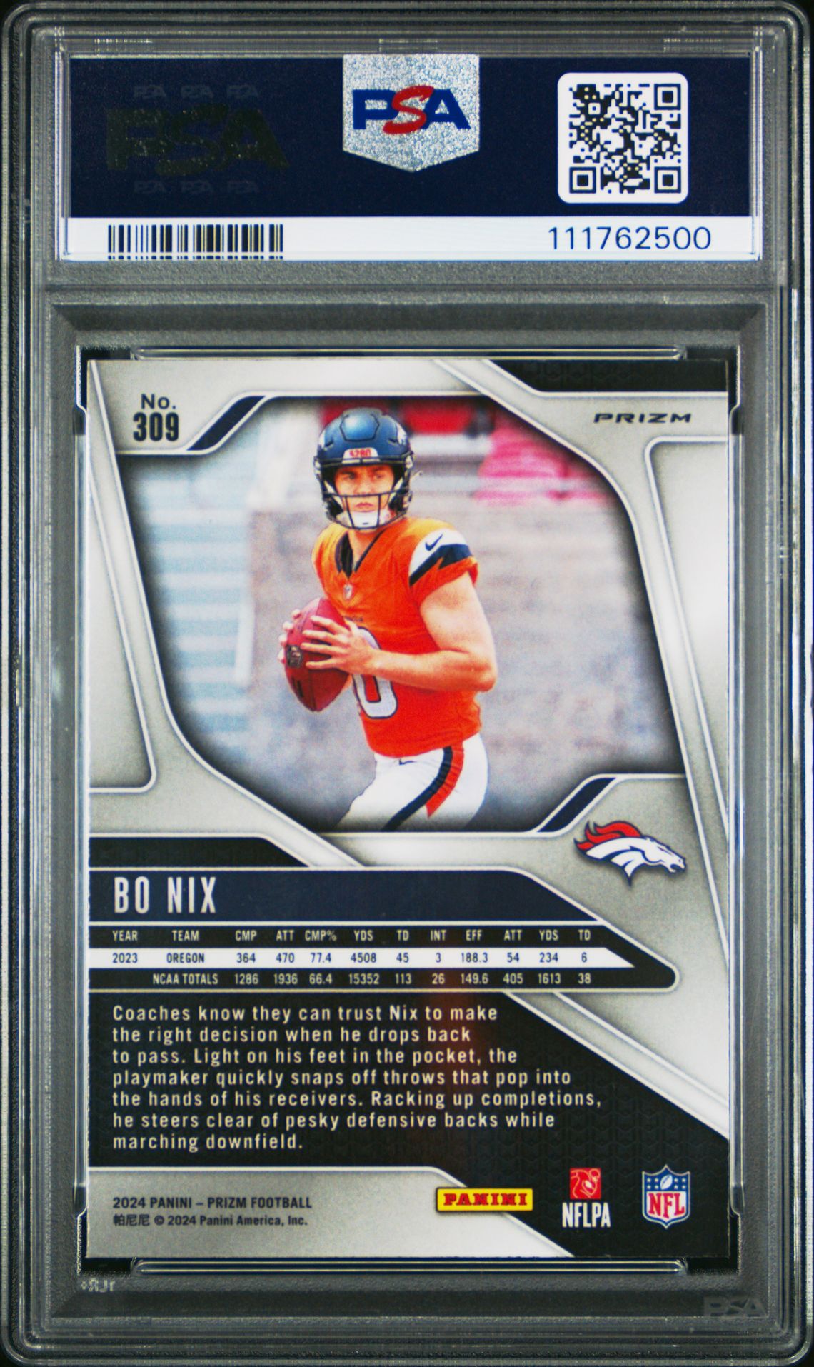 2024 Panini Prizm Bo Nix #309 (Lazer Prizm) Mint 9 back