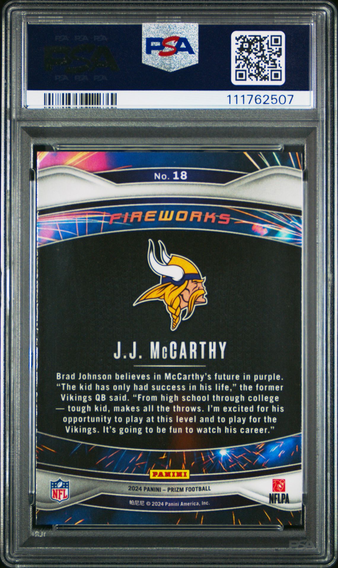 2024 Panini Prizm Fireworks Jj Mccarthy #18 Gem Mt 10 back