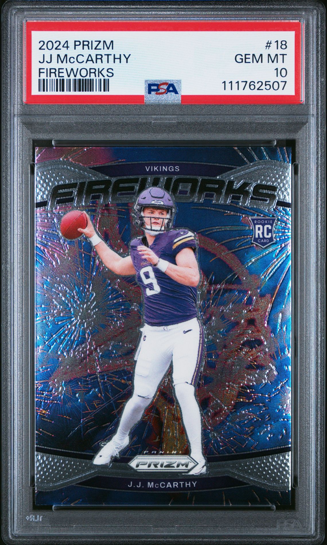 2024 Panini Prizm Fireworks Jj Mccarthy #18 Gem Mt 10 front