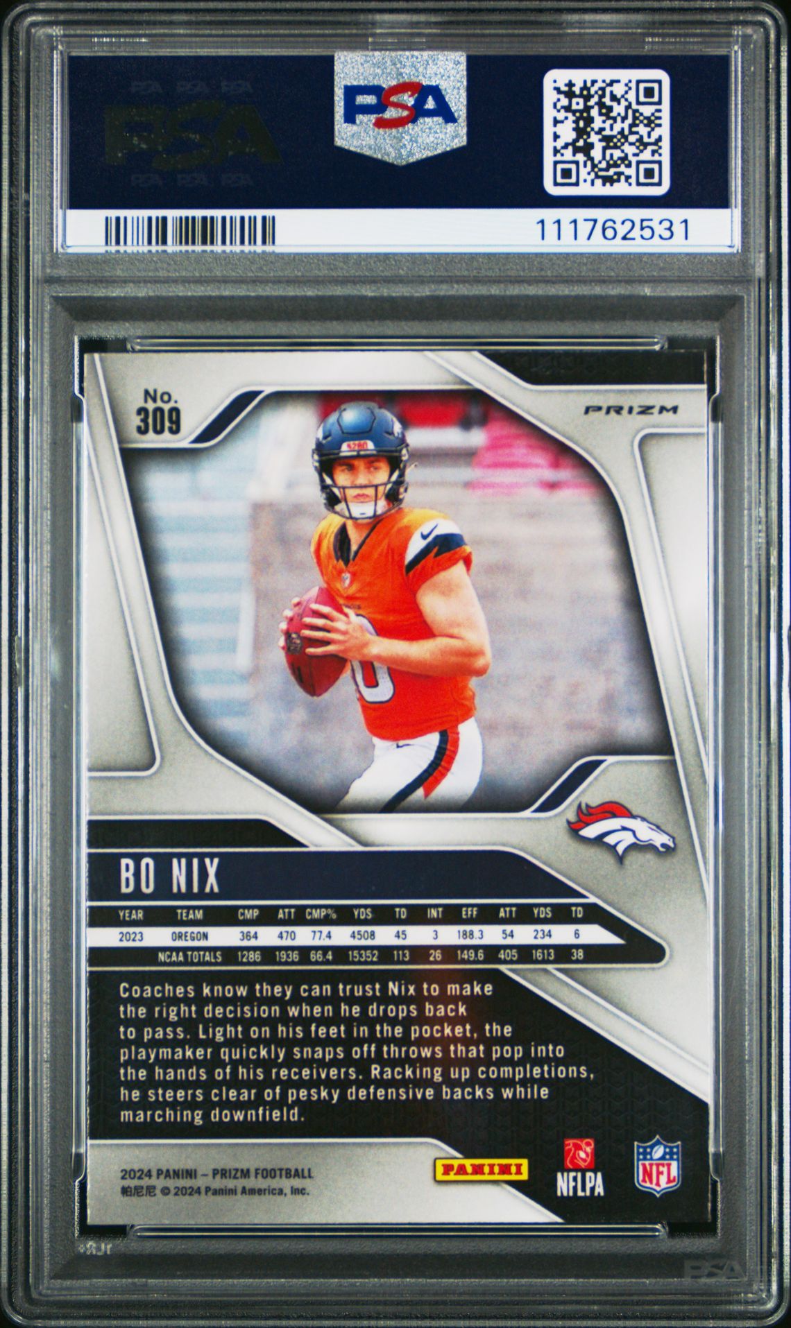 2024 Panini Prizm Bo Nix #309 (Disco Prizm) Gem Mt 10 back