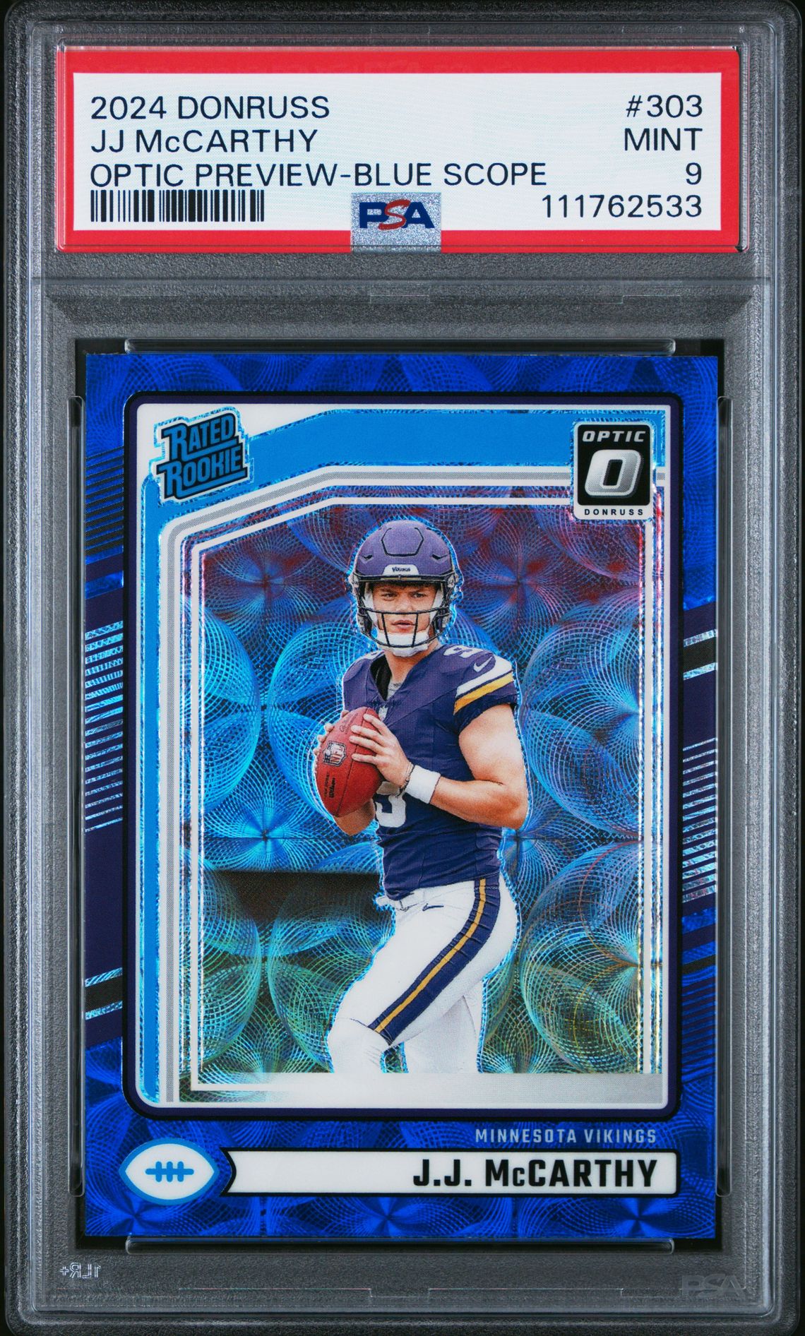 2024 Panini Donruss Jj Mccarthy #303 (Optic Preview-Blue Scope) Mint 9 front