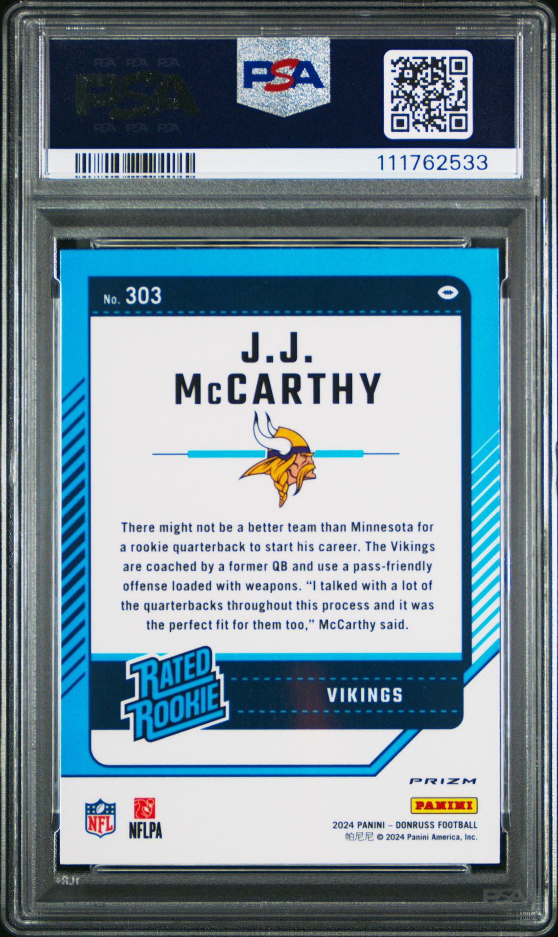 2024 Panini Donruss Jj Mccarthy #303 (Optic Preview-Blue Scope) Mint 9 back