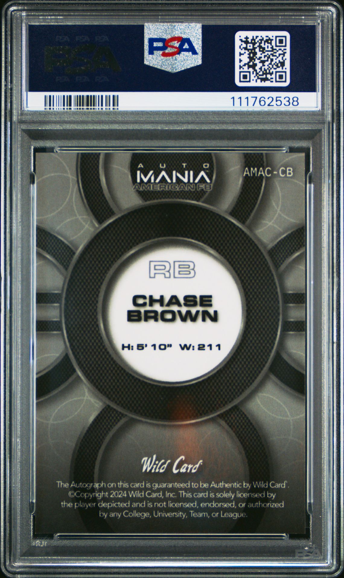 2024 Wild Card Auto Mania American Football Hobby Autographs Chase Brown #Cb (Au-Crc-Kld-Fireworks 6 1/1) Mint 9 back