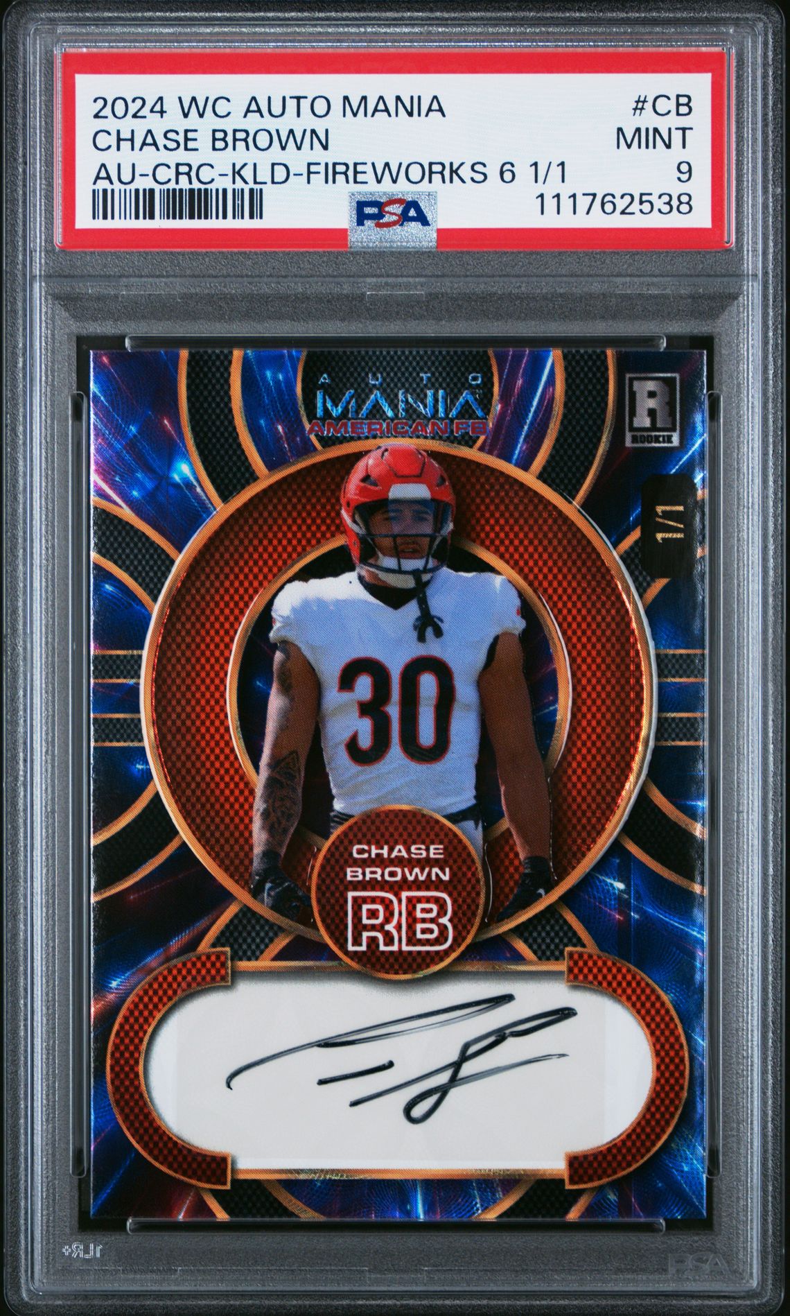2024 Wild Card Auto Mania American Football Hobby Autographs Chase Brown #Cb (Au-Crc-Kld-Fireworks 6 1/1) Mint 9 front
