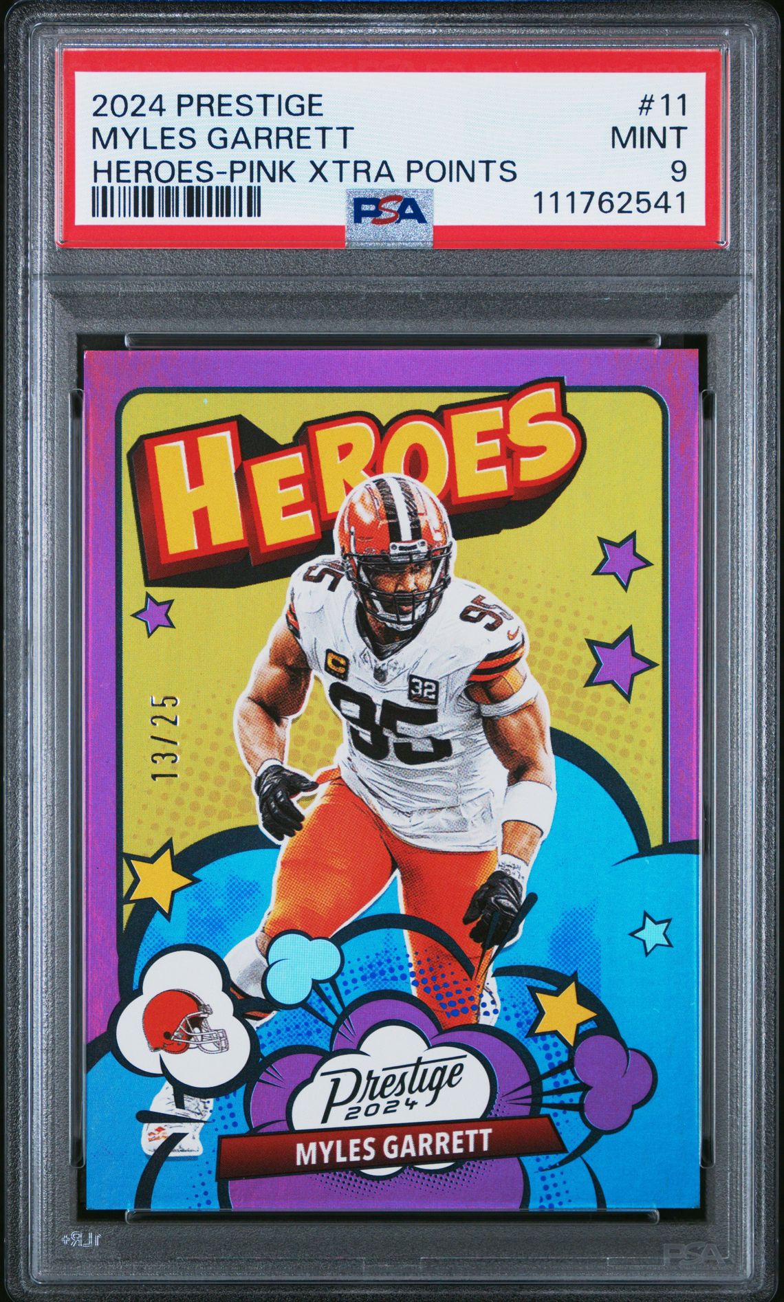 2024 Panini Prestige Heroes Myles Garrett #11 (Heroes-Pink Xtra Points) Mint 9 front