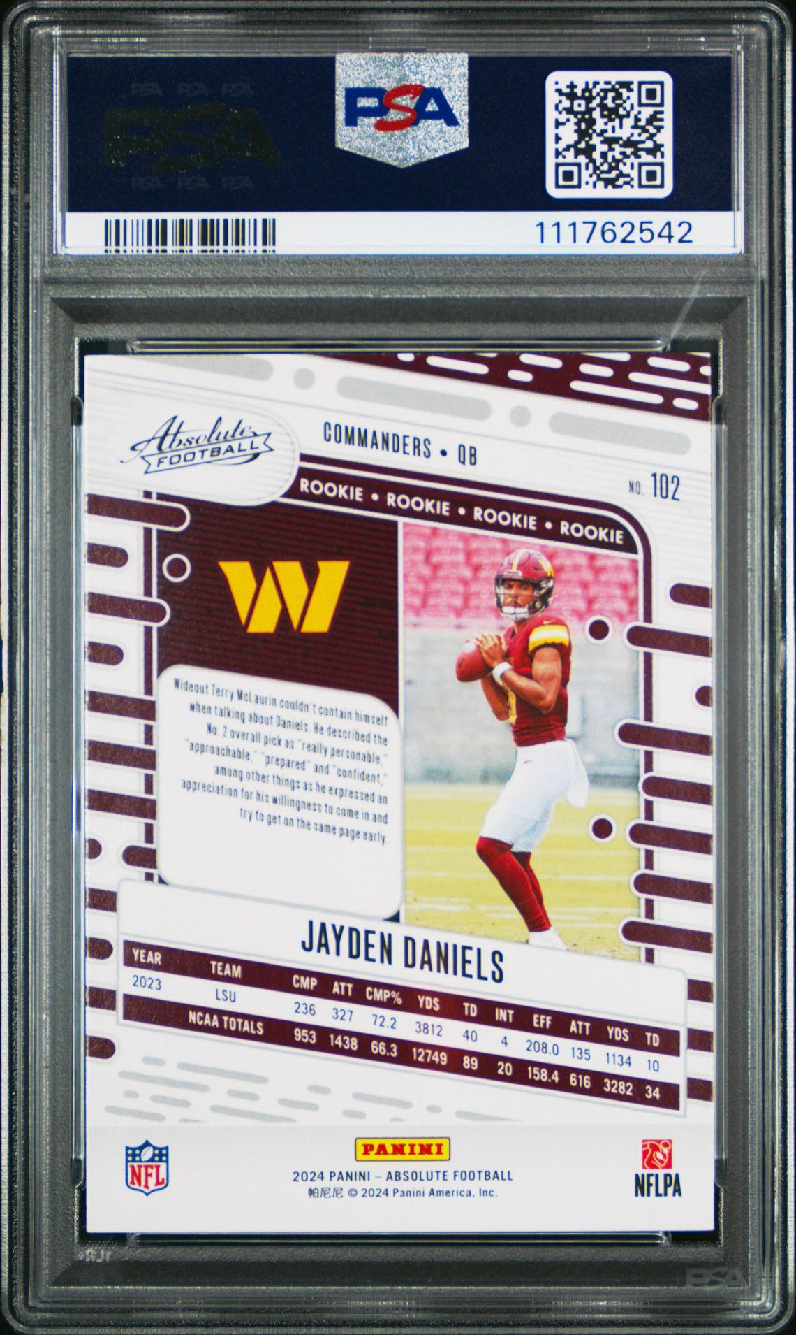 2024 Panini Absolute Jayden Daniels #102 (Orange) Gem Mt 10 back