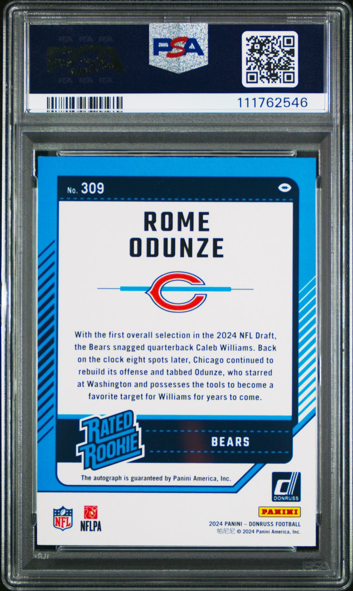 2024 Panini Donruss Rome Odunze #309 (Autograph) Gem Mt 10 back