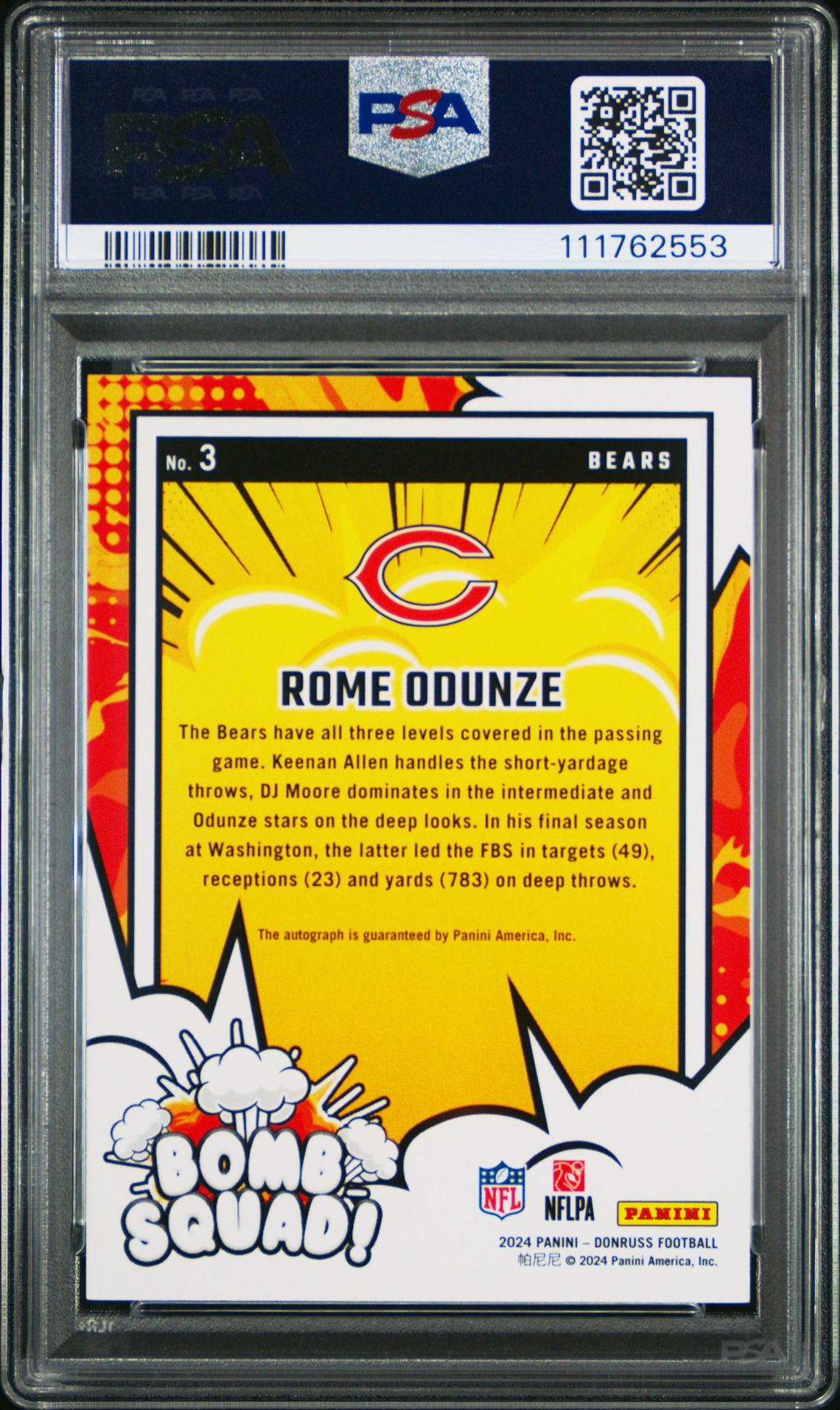 2024 Panini Donruss Bomb Squad Autographs Rome Odunze #3 Mint 9 back