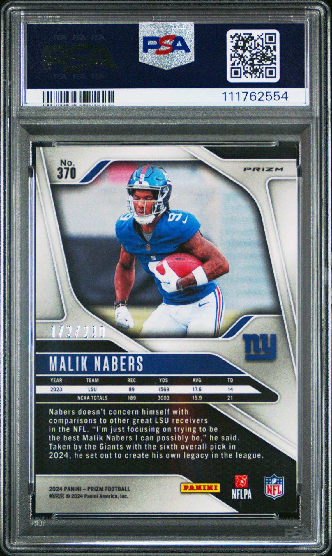 2024 Panini Prizm Malik Nabers #370 (Blue Wave) Gem Mt 10 back