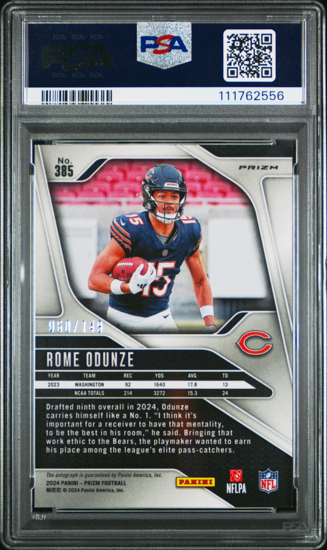 2024 Panini Prizm Rome Odunze #385 (Autograph-Red Wave) Mint 9 back