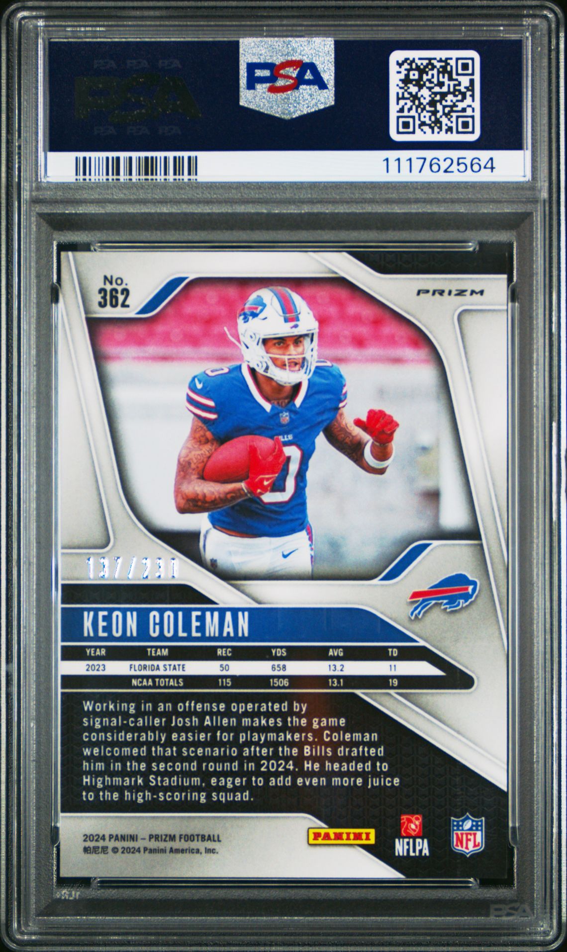 2024 Panini Prizm Keon Coleman #362 (Blue Wave) Mint 9 back