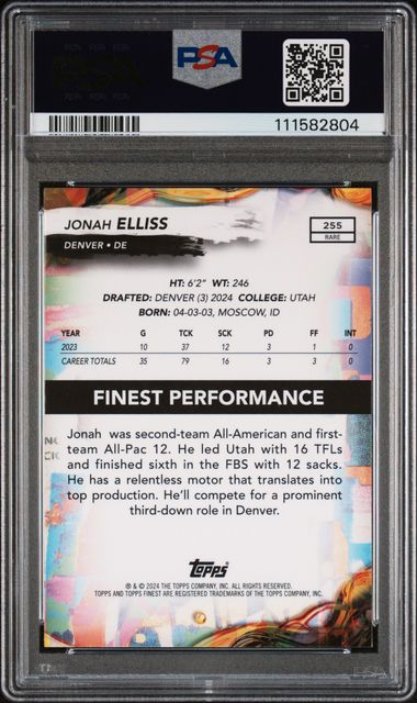 2024 Topps Finest Jonah Elliss #255 (Purple Refractor) Gem Mt 10 back