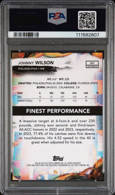 2024 Topps Finest Johnny Wilson #197 (Sky Blue Refractor) Gem Mt 10 back