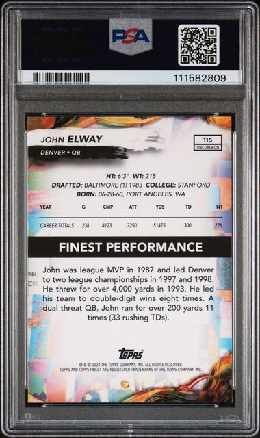2024 Topps Finest John Elway #115 (Sky Blue Refractor) Gem Mt 10 back