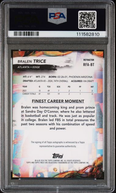 2024 Topps Finest Rookie Finest Autographs Bralen Trice #Rfabt (Rookie Finest Au-Refractor) Gem Mt 10 back