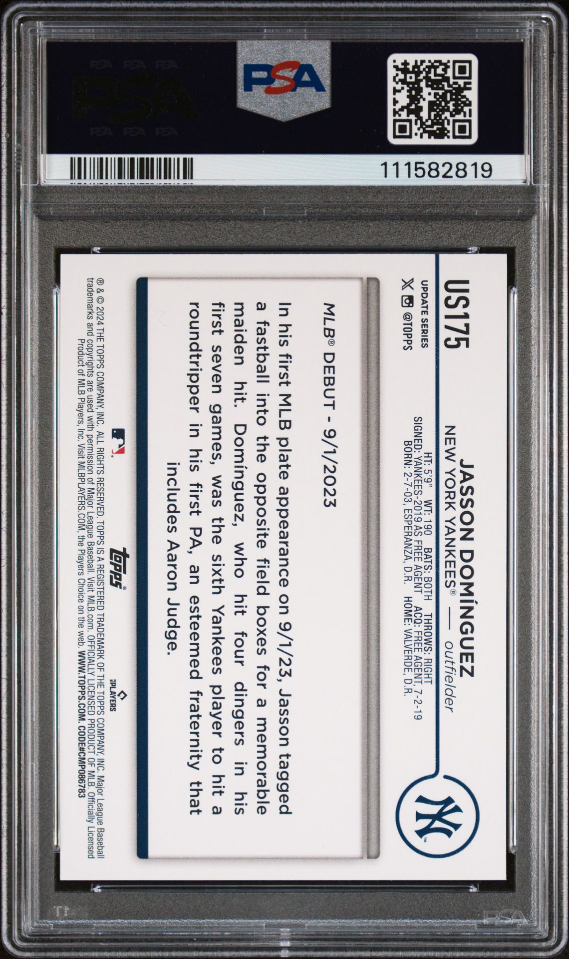 2024 Topps Update Jasson Dominguez #Us175 (Holiday) Mint 9 back