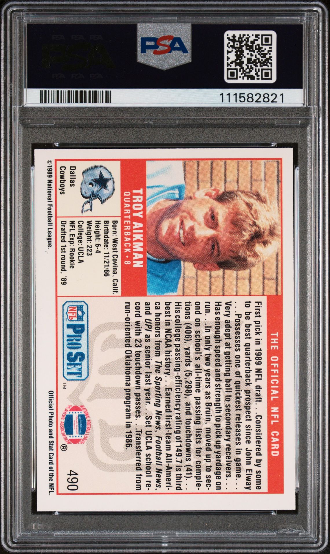 1989 Pro Set Troy Aikman #490 Mint 9 back