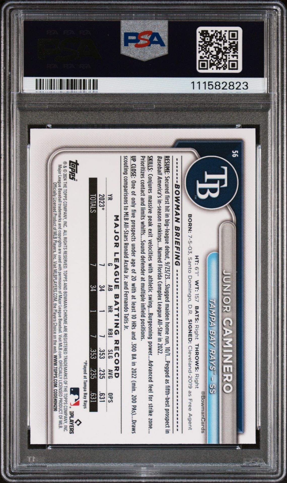 2024 Bowman Chrome Mega Box Junior Caminero #56 Gem Mt 10 back