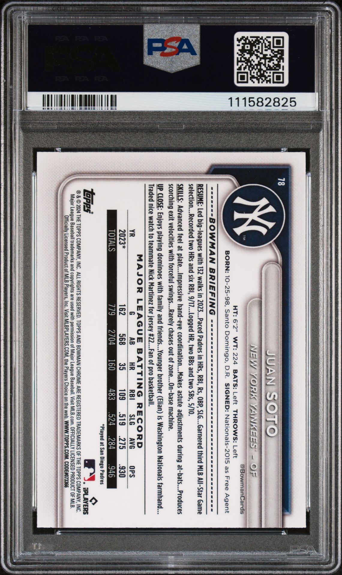 2024 Bowman Mega Box Chrome Juan Soto #78 (Chrome-Purple Refractor) Mint 9 back