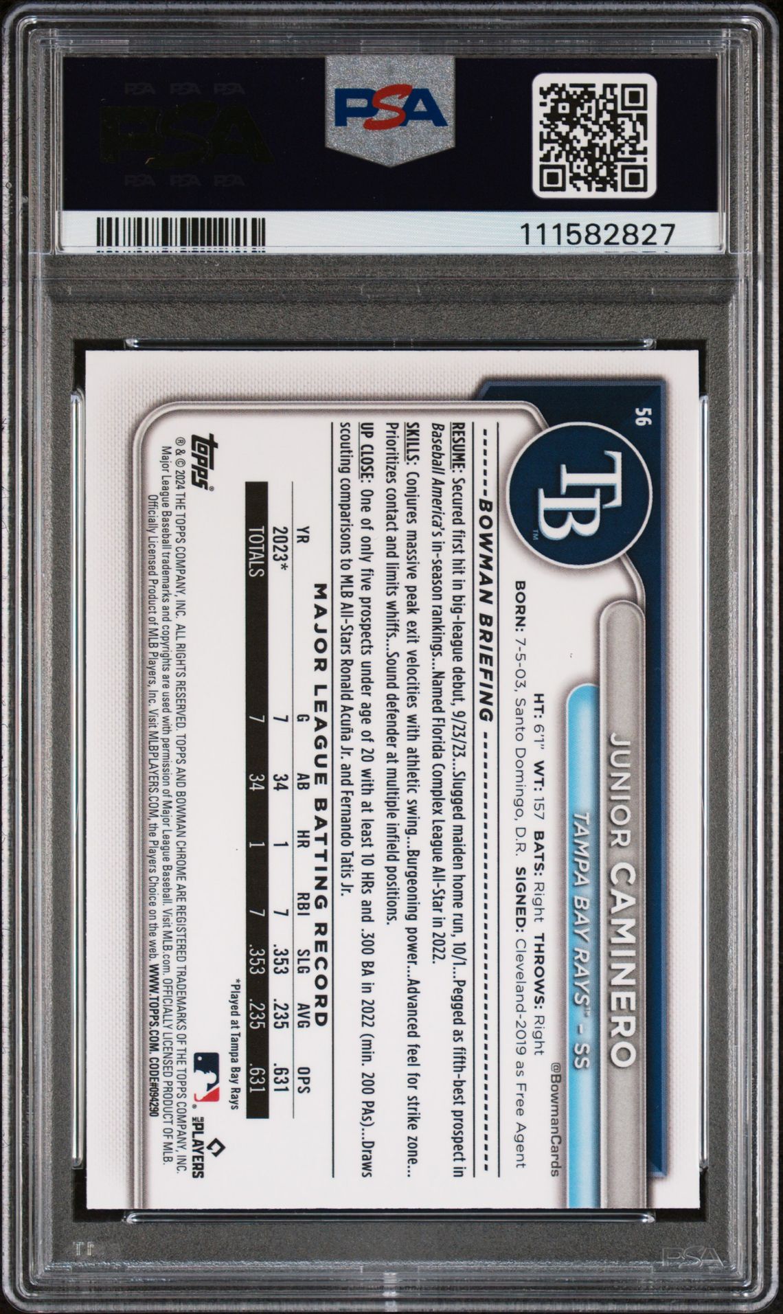 2024 Bowman Chrome Mega Box Junior Caminero #56 Gem Mt 10 back