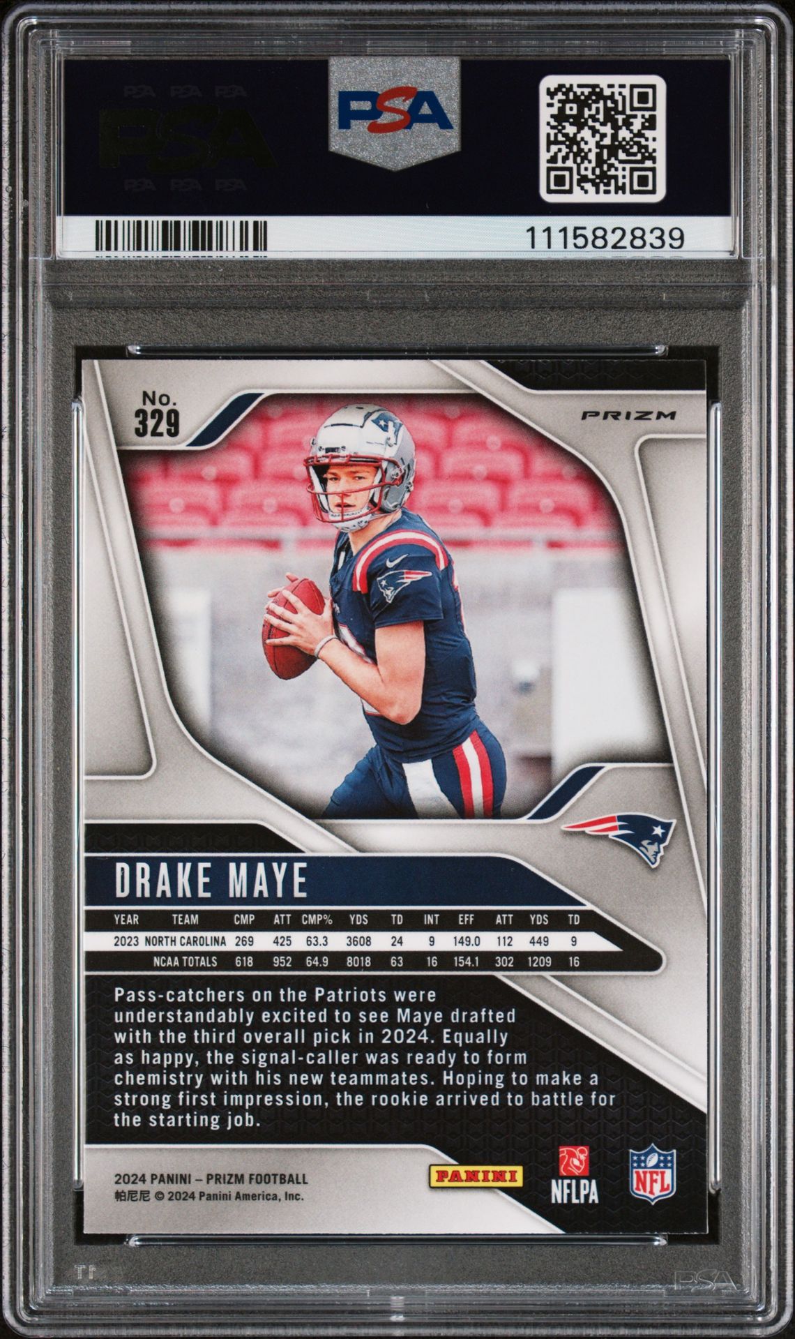 2024 Panini Prizm Drake Maye #329 (Silver Prizm) Mint 9 back