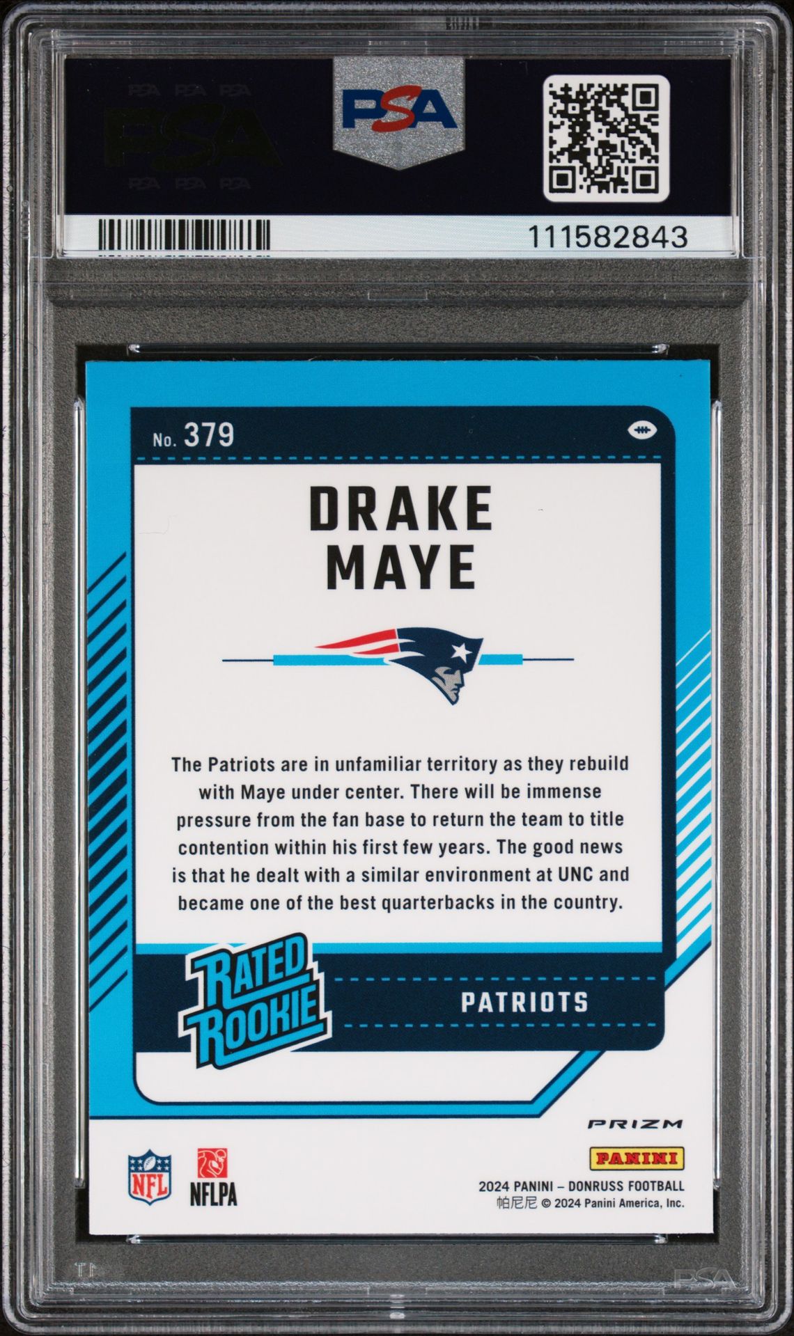 2024 Panini Donruss Drake Maye #379 (Optic Preview-Red & Green) Gem Mt 10 back