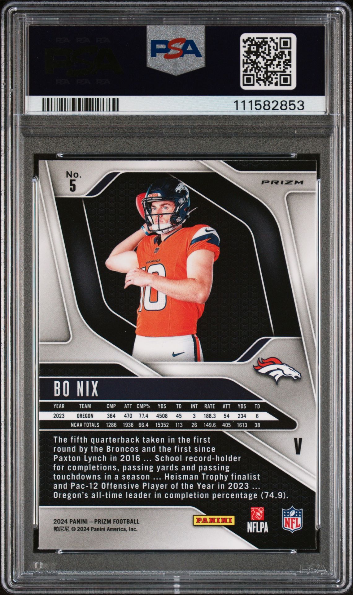 2024 Panini Prizm Rookie Variation Bo Nix #5 (Rookie Variation-No Huddle) Mint 9 back