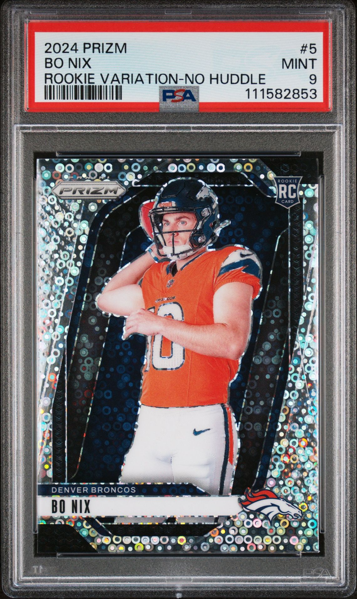 2024 Panini Prizm Rookie Variation Bo Nix #5 (Rookie Variation-No Huddle) Mint 9 front