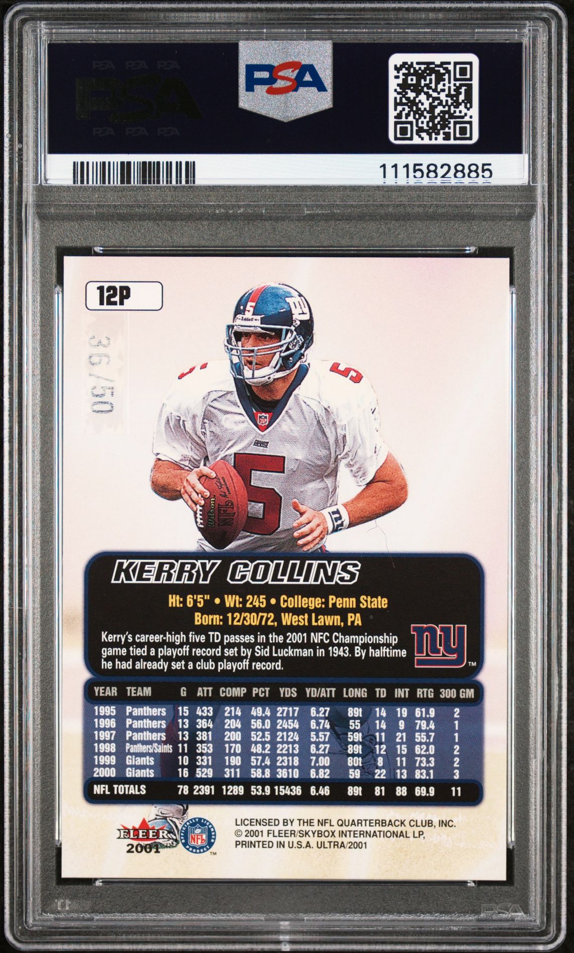 2001 Ultra Kerry Collins #12P (Platinum Medallion) Nm-Mt 8 back