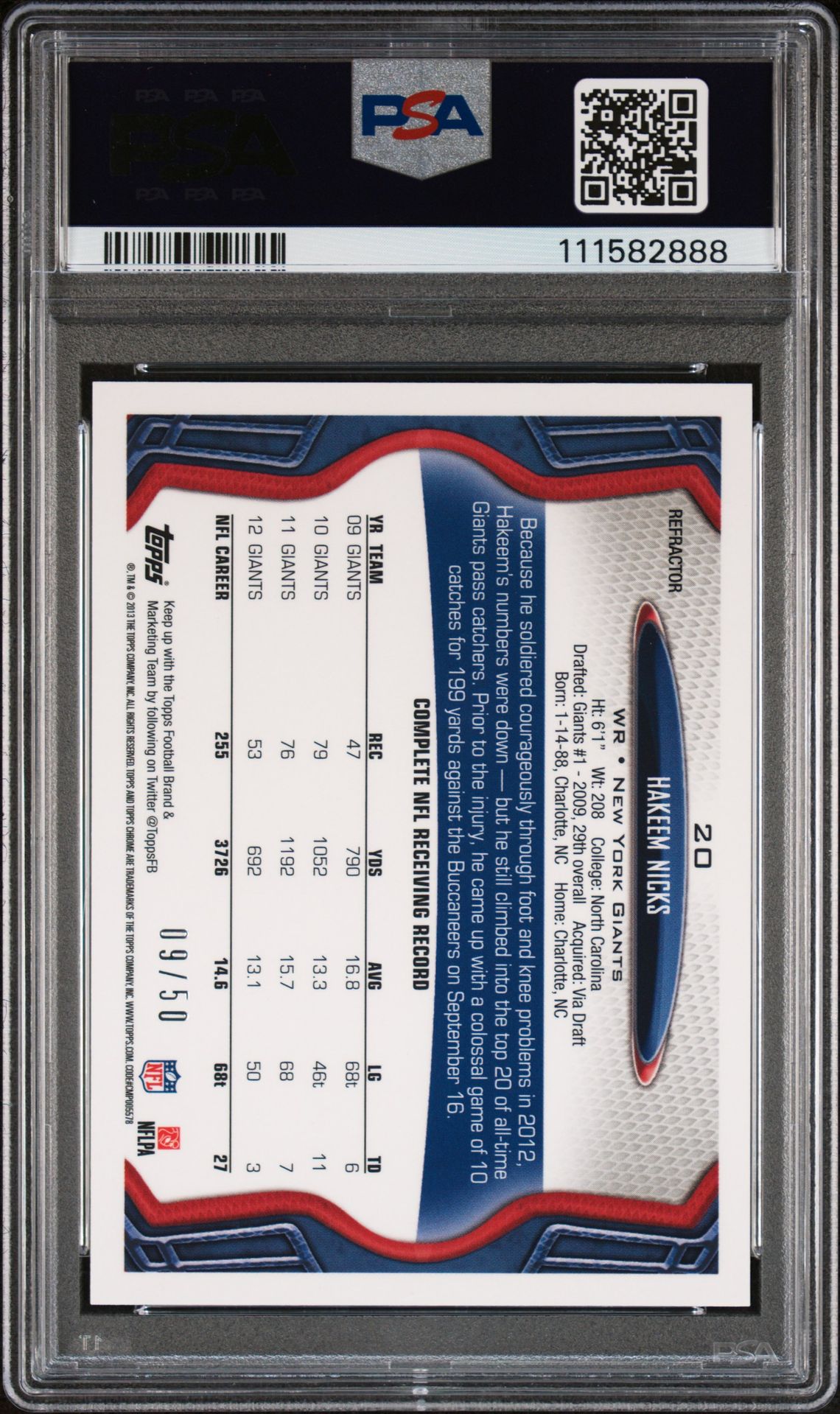 2013 Topps Chrome Hakeem Nicks #20 (Gold Refractor) Nm-Mt 8 back