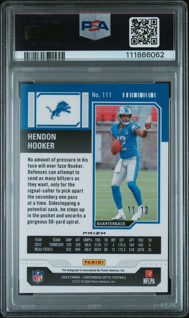 2023 Panini Contenders Optic Hendon Hooker #111 (Autograph-Red White Blue) Nm-Mt 8 back