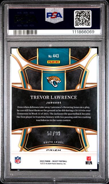 2023 Panini Select Trevor Lawrence #443 (Blue Prizm) Gem Mt 10 back