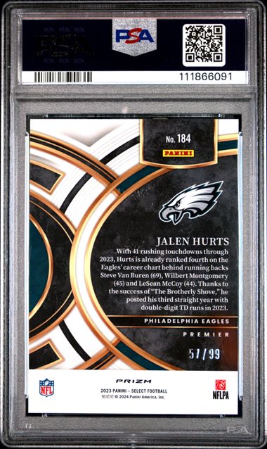 2023 Panini Select Jalen Hurts #184 (Light Blue Prizm) Gem Mt 10 back