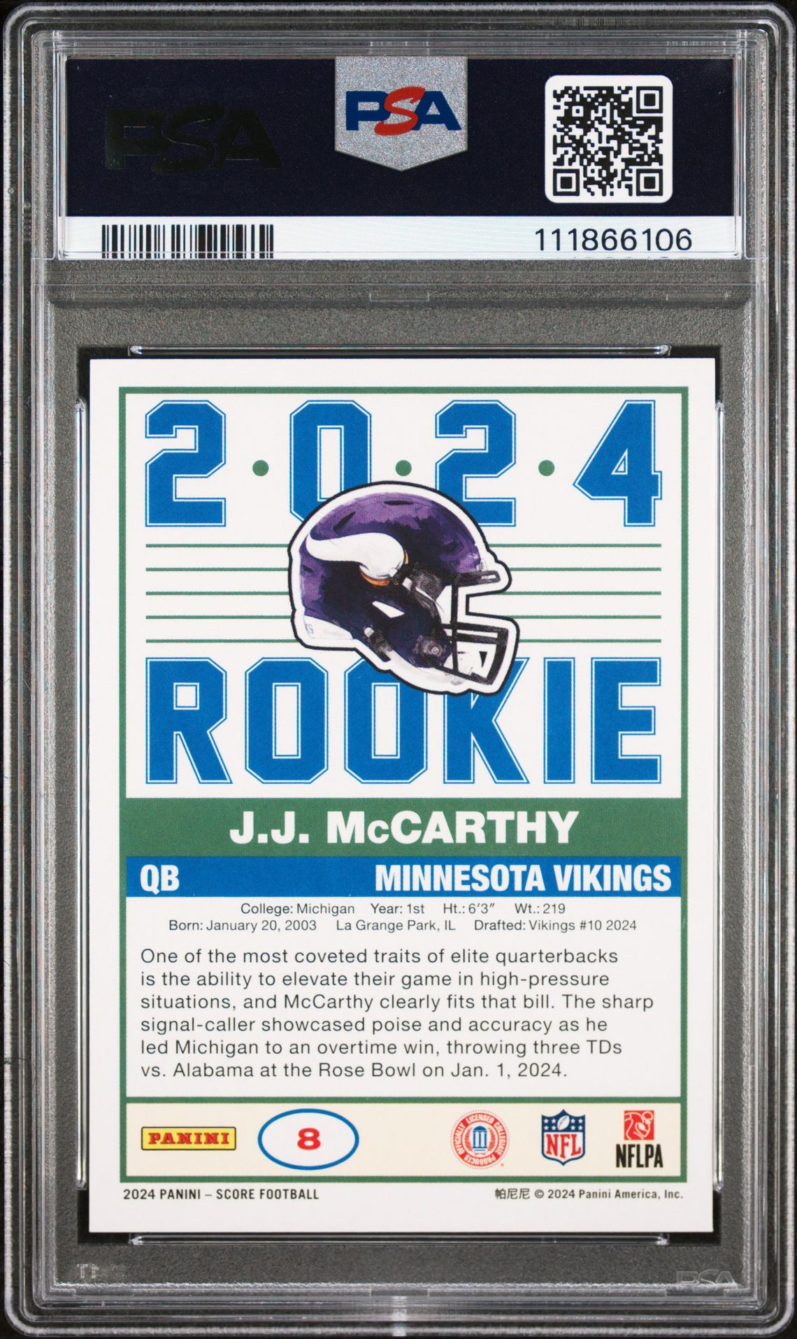 2024 Panini Score 35Th Anniversary Rookie Jj Mccarthy #8 Mint 9 back