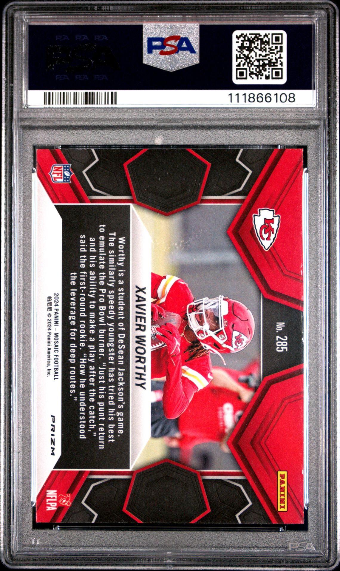 2024 Panini Mosaic Xavier Worthy #285 (Camo Pink) Gem Mt 10 back