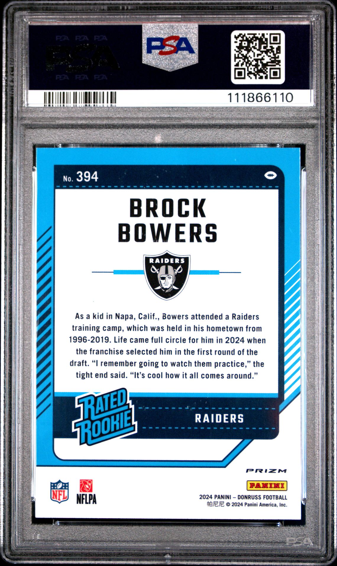 2024 Panini Donruss Brock Bowers #394 (Optic Preview-Red & Green) Mint 9 back