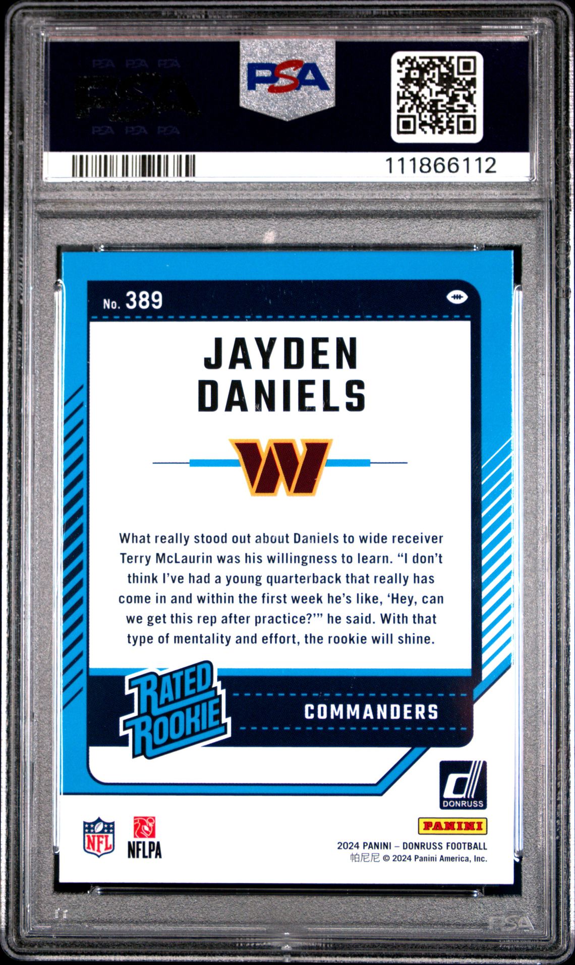 2024 Panini Donruss Jayden Daniels #389 (Press Proof Red) Gem Mt 10 back
