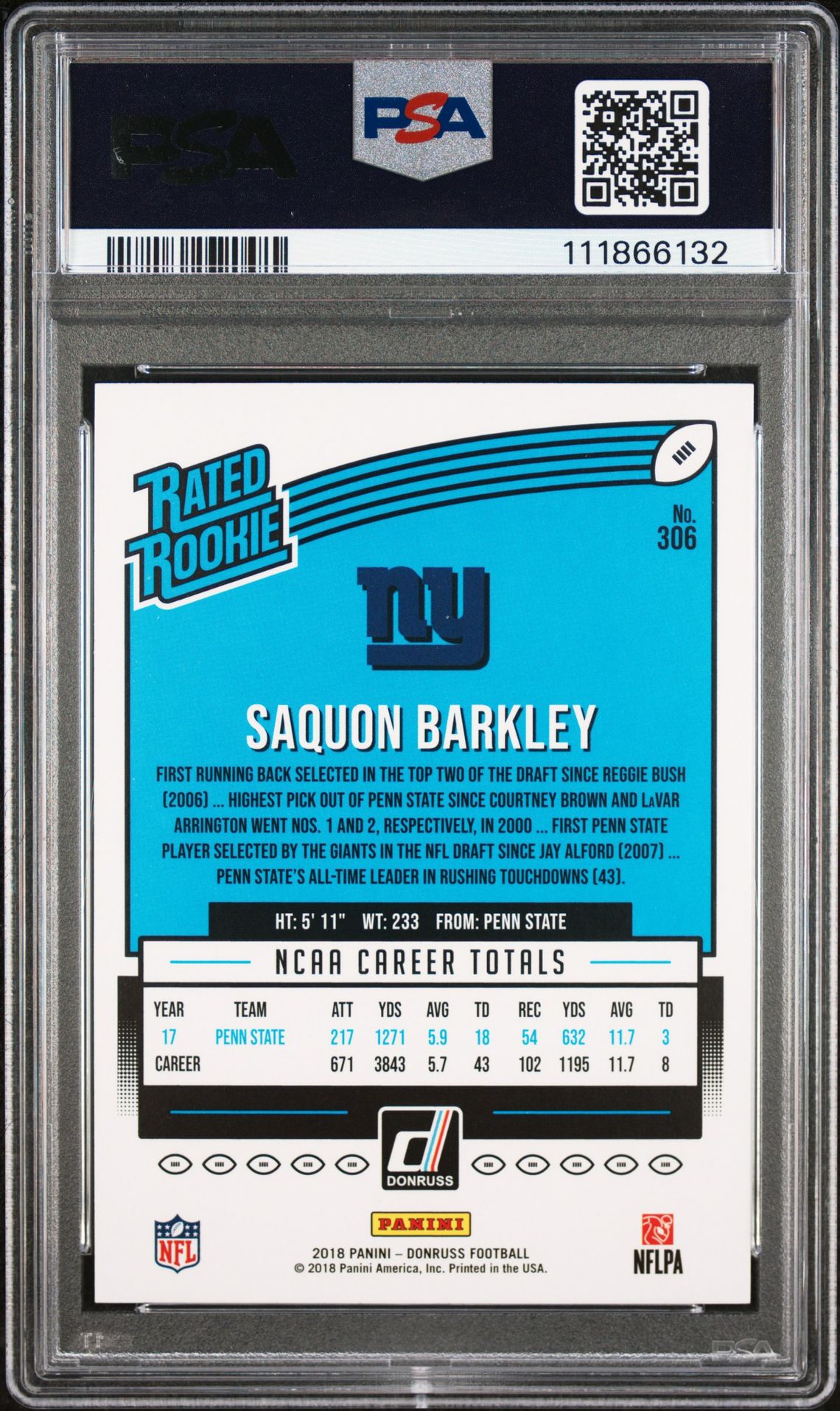 2018 Panini Donruss Saquon Barkley #306 Mint 9 back