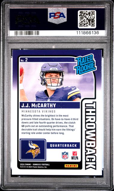 2024 Panini Donruss Rated Rookies Throwback Jj Mccarthy #2 Gem Mt 10 back