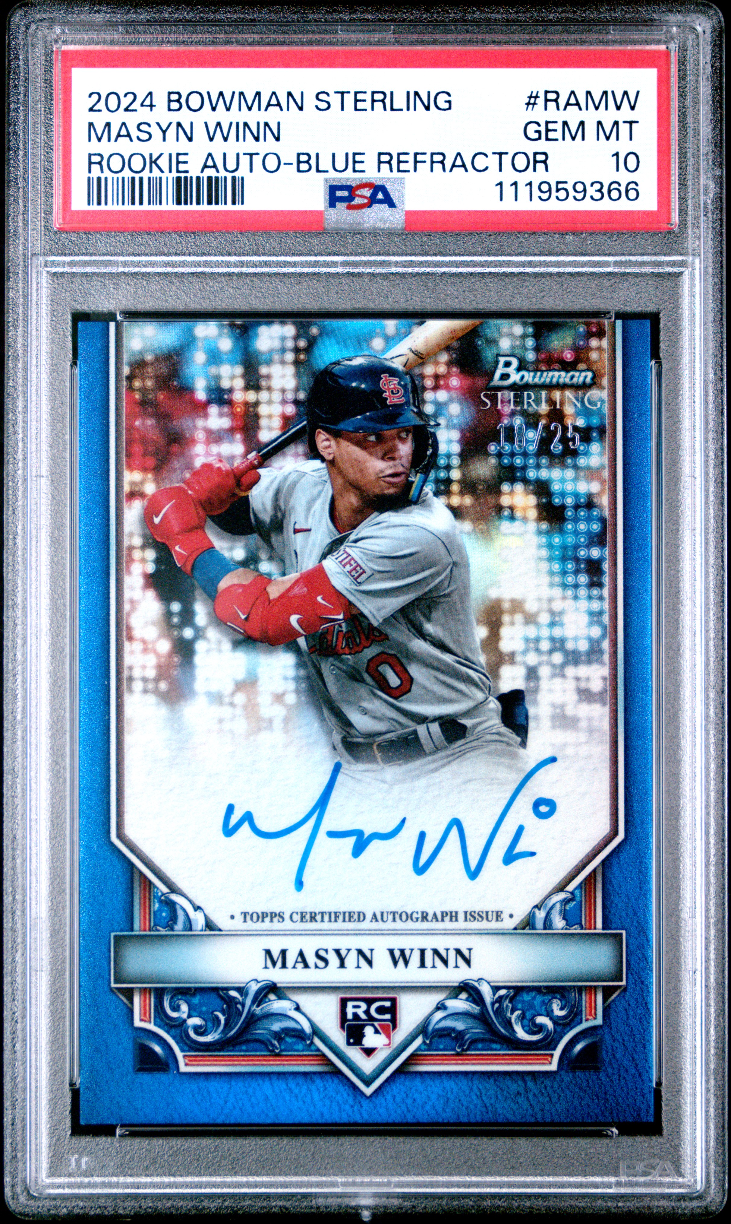 2024 Bowman Sterling Rookies Autographs Masyn Winn Blue Refractor #RAMW PSA 10