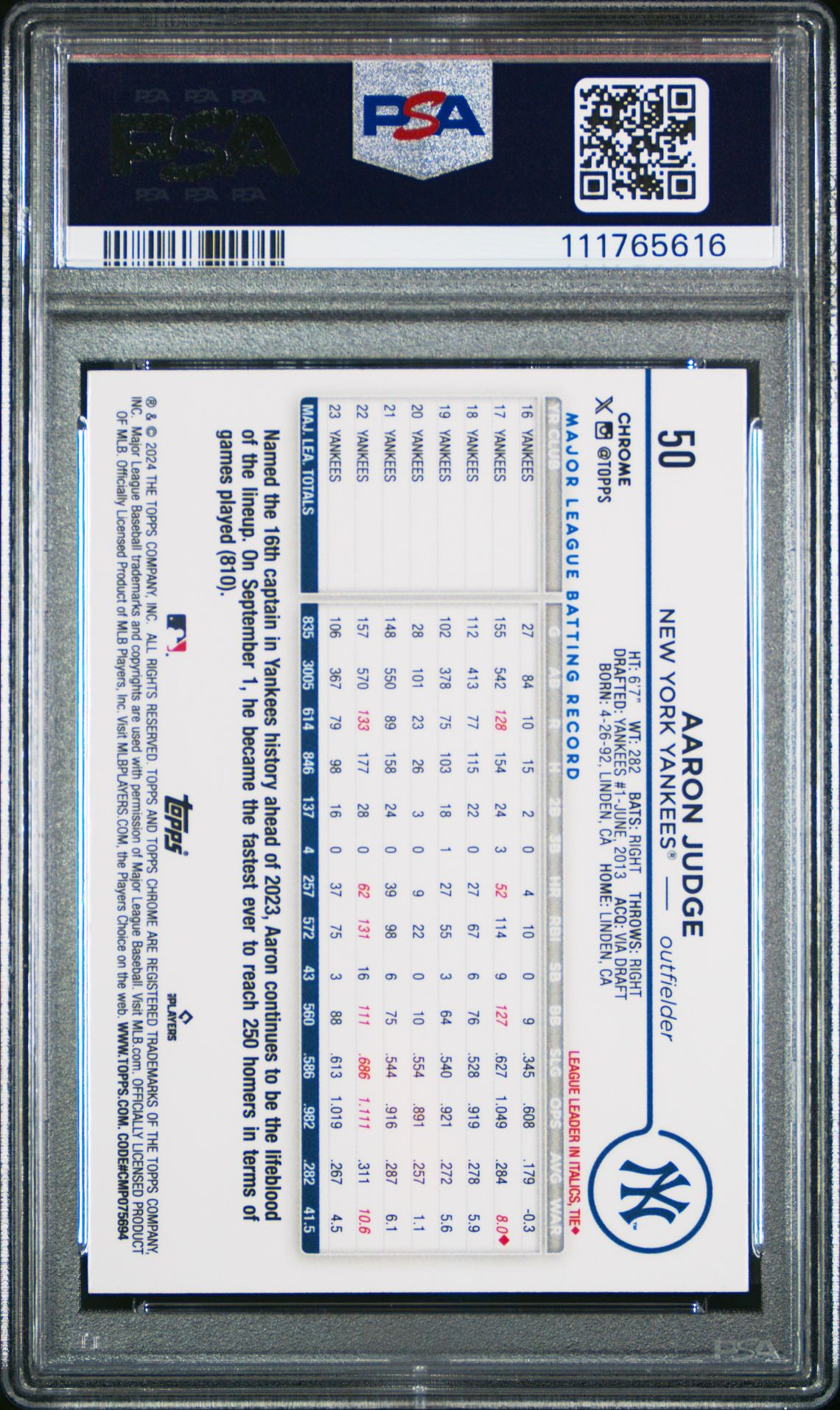2024 Topps Chrome Aaron Judge #50 (X-Fractor) Gem Mt 10 back