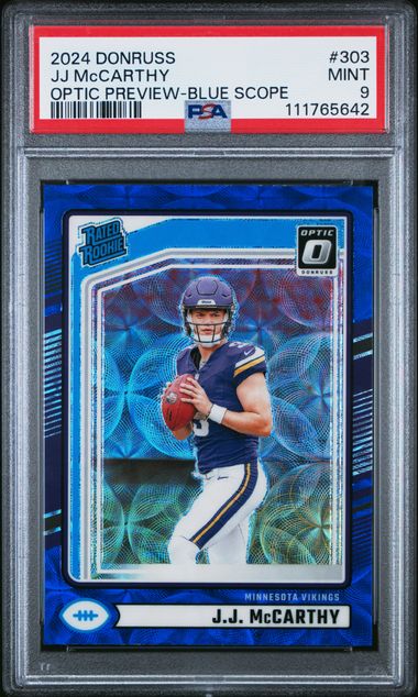 2024 Panini Donruss Jj Mccarthy #303 (Optic Preview-Blue Scope) Mint 9 front