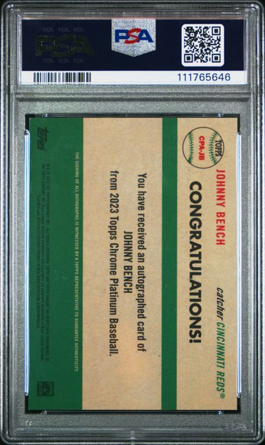 2023 Topps Chrome Platinum Anniversary Autographs Johnny Bench #Jb (Autograph-Orange Ref) Mint 9 back