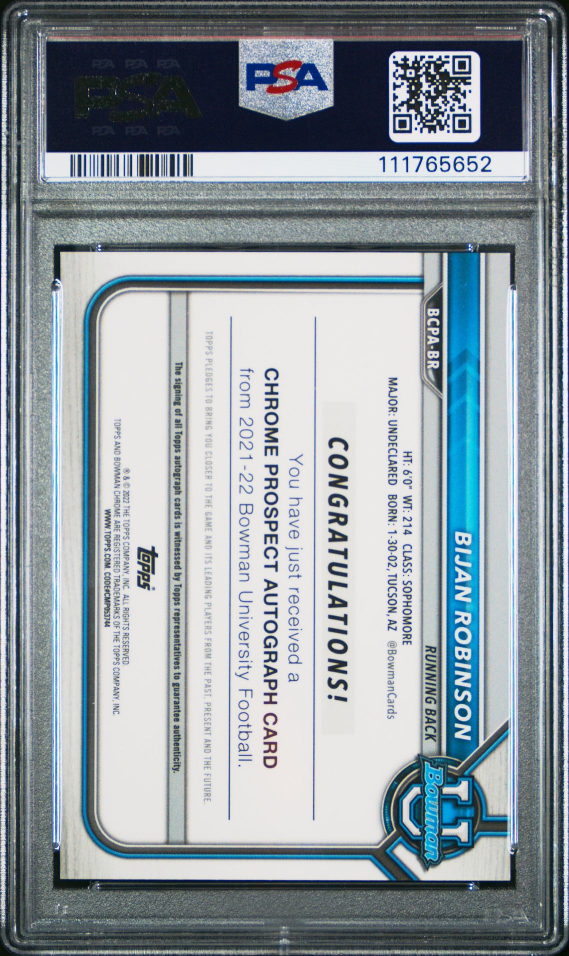 2021 Bowman University Chrome Prospect Autographs Bijan Robinson #Br (Chr.pros.auto-Gold Ref.) Gem Mt 10 back