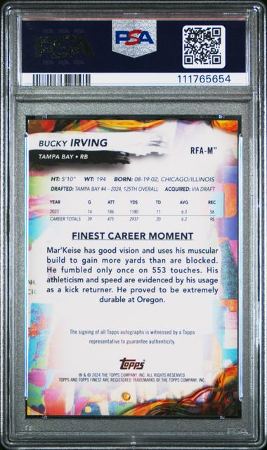 2024 Topps Finest Rookie Finest Autographs Bucky Irving #Rfam" (Rk Finest Auto-Blue Chkbd) Gem Mt 10 back